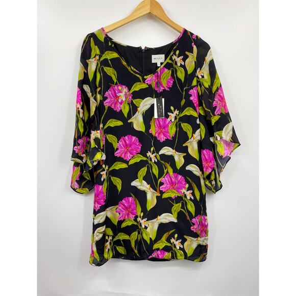 Milly Dress Flutter Sleeve Lilly Floral 100% Silk Black Pink Mini Size 0 New - Picture 2 of 7